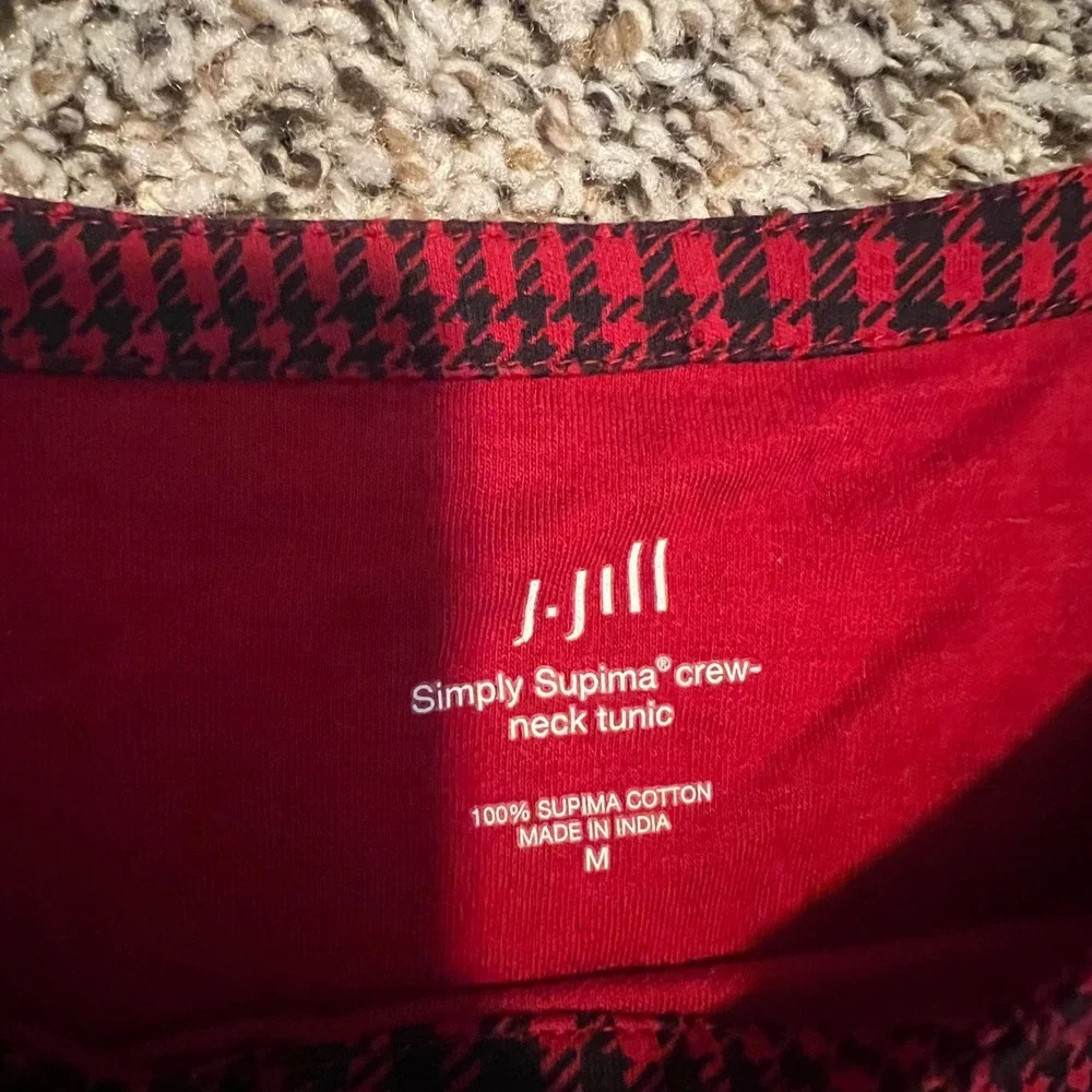 J. Jill Simply Supima Crew‎ Neck Tunic Red Black Glen Plaid Cotton Top Womens M